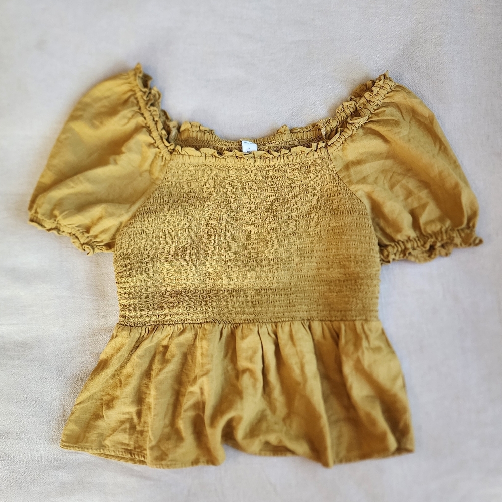Old Navy Linen Mustard Smocked Peplum Top